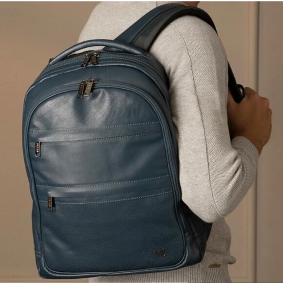 VELEZ Blue Leather Backpack -14 inch Laptop Bag - Water Resistant Backpack - Picture 3 of 8